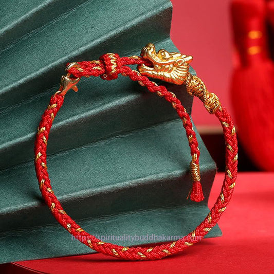 Ancient Tibetan Buddhist Red String Tradition 999 Sterling Silver Handcrafted Dragon Luck Eight Thread Knot Red String Braided Bracelet