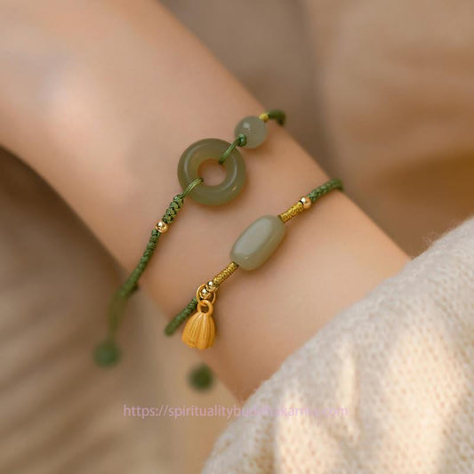 Jade Lotus Jade Peace Buckle Bead Luck Happiness Charm String Bracelet
