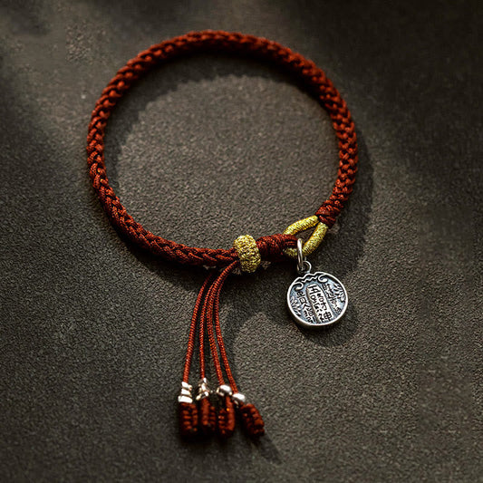 Ancient Tibetan Buddhist Red String Tradition Handmade 925 Sterling Silver Five Directions Gods of Wealth Luck Protection String Braid Bracelet