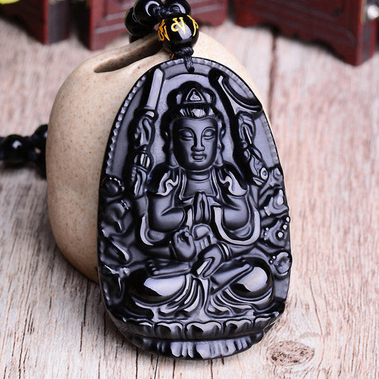 Spirituality Buddha Karma Chinese Zodiac Obsidian Buddha Amulet Protection Pendant Necklace