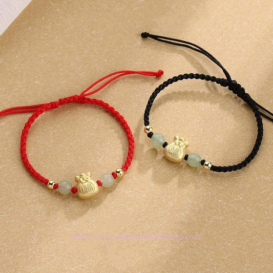 Ancient Tibetan Buddhist Red String Tradition Lucky Money Bag Fu Character Jade Bead Luck Braided Bracelet