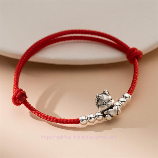 Ancient Tibetan Buddhist Red String Tradition Handmade 999 Sterling Silver Year of the Dragon Luck Red Bracelet