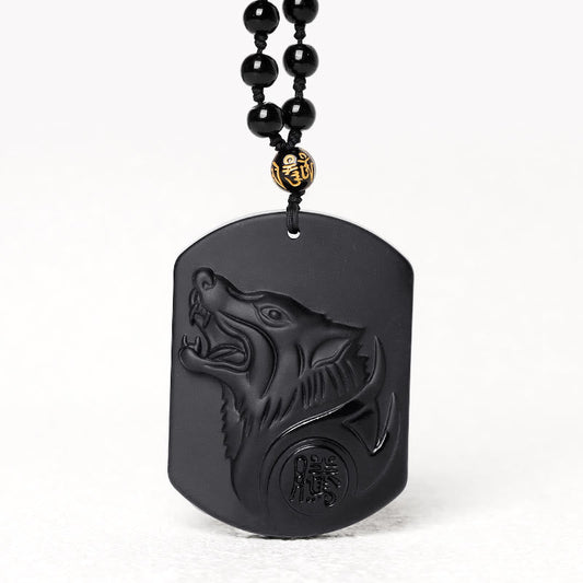 Spirituality Buddha Karma Black Obsidian Stone Wolf Purification Pendant Necklace