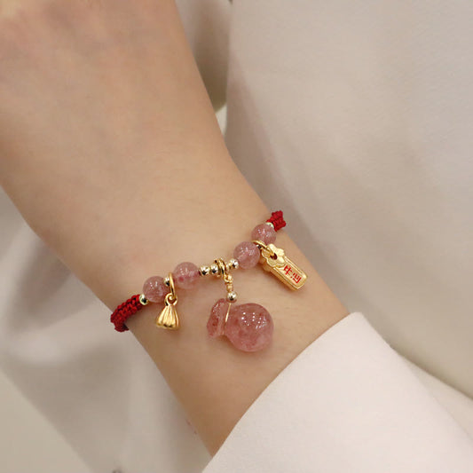 Ancient Tibetan Buddhist Red String Tradition Natural Strawberry Quartz Money Bag Lotus Healing Charm Red String Braided Bracelet