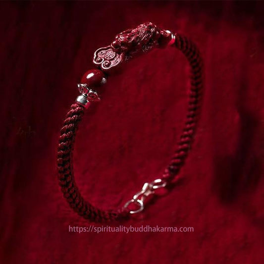 Ancient Tibetan Buddhist Red String Tradition Handcrafted PiXiu Cinnabar Wealth Luck Braided Bracelet