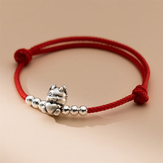 Ancient Tibetan Buddhist Red String Tradition Handmade 999 Sterling Silver Year of the Dragon Luck Red Bracelet