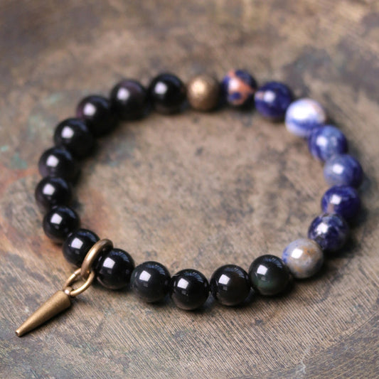 Spirituality Buddha Karma Black Obsidian Sodalite Crystal Copper Strength Couple Bracelet