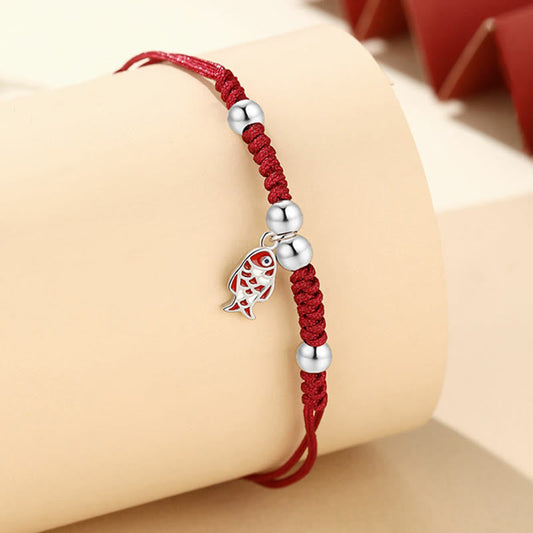 Ancient Tibetan Buddhist Red String Tradition 925 Sterling Silver Luck Koi Fish Wealth Handcrafted Braided Red Bracelet