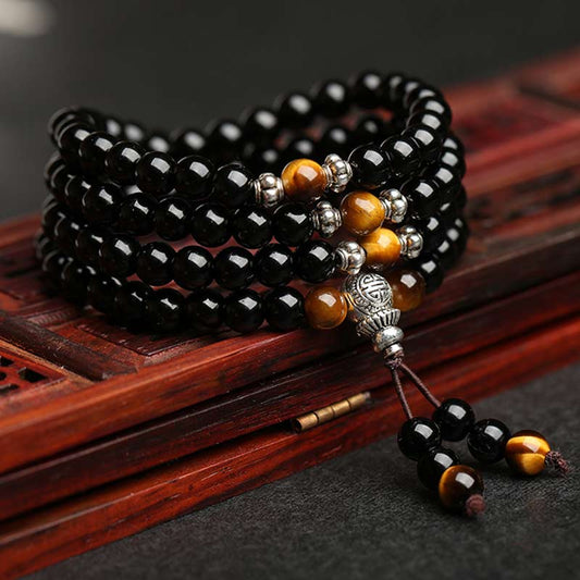 Spirituality Buddha Karma Black Obsidian Tiger Eye Blessing Mala Bracelet