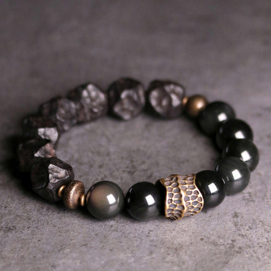 Spirituality Buddha Karma Black Obsidian Ebony Wood Copper Strength Couple Bracelet