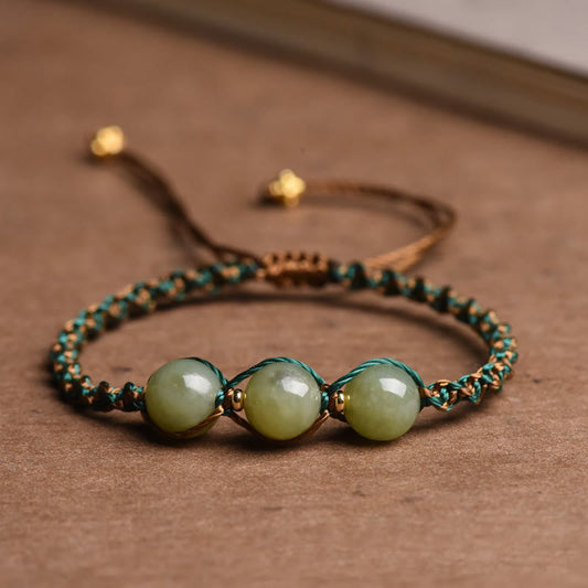 Ancient Tibetan Buddhist Red String Tradition Handmade Rope Luck Three Jade Bead Abundance Bracelet