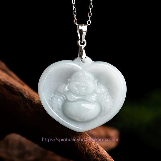Jade 925 Sterling Silver Laughing Buddha White Jade Luck Blessing Necklace Pendant