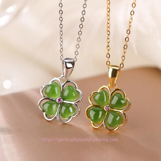 Jade 925 Sterling Silver Hetian Cyan Jade Lucky Four Leaf Clover Healing Necklace Pendant