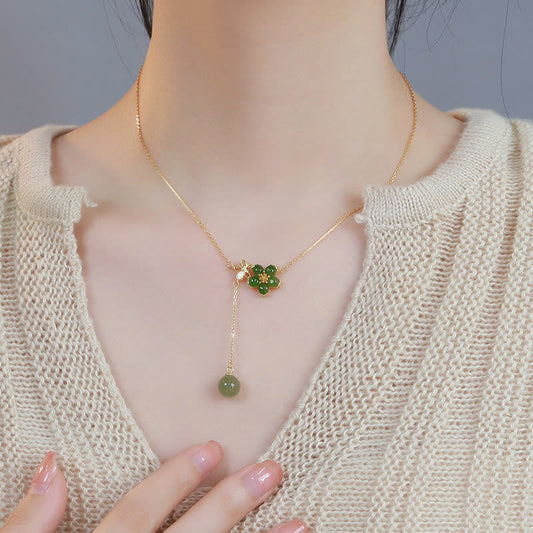 Jade 925 Sterling Silver Hetian Cyan Jade Plum Flower Blossom Design Luck Necklace Pendant