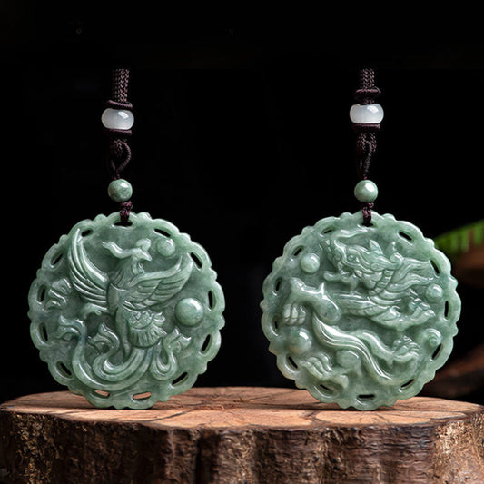 Jade Chinese Zodiac Dragon Phoenix Round Jade Luck Necklace String Pendant