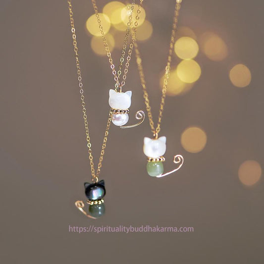 Jade 14K Gold Plated Pearl Hetian Jade Shell Luck Cat Kitten Necklace Pendant
