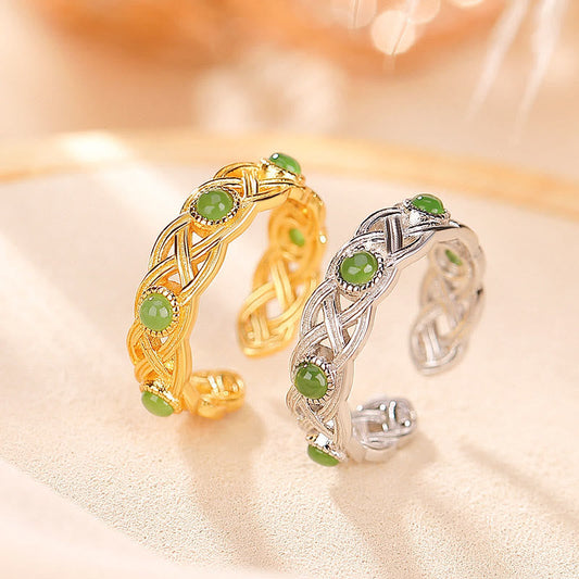 Jade 925 Sterling Silver Plated Gold Cyan Jade Braided Design Success Luck Adjustable Ring