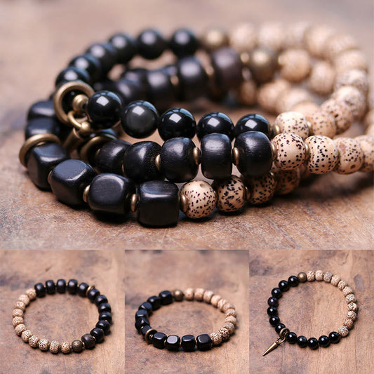 Spirituality Buddha Karma Tibetan Bodhi Seed Black Obsidian Ebony Wood Copper Peace Bracelet