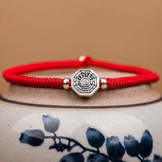 Ancient Tibetan Buddhist Red String Tradition 925 Sterling Silver Yin Yang Bagua Symbol Cinnabar String Concentration Bracelet