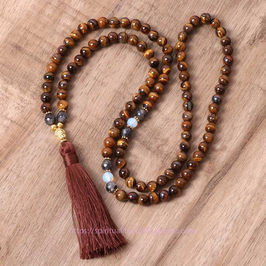 Buddha Energy Necklace Tibetan Tiger Eye Buddha Strength Power Beaded Tassel Pendant Necklace