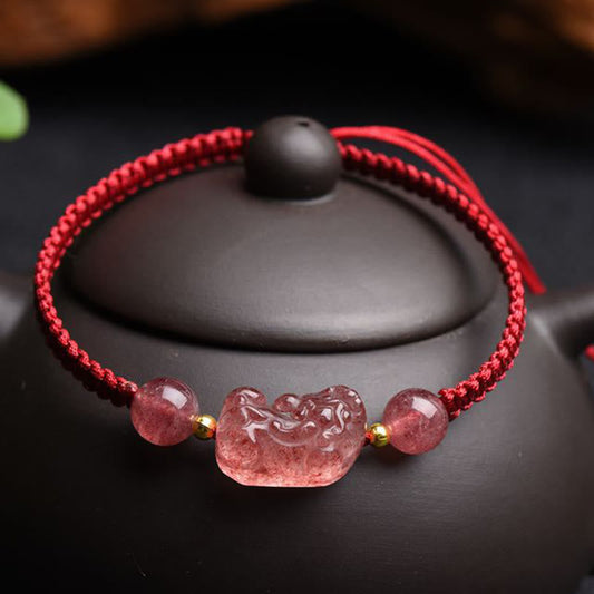 Ancient Tibetan Buddhist Red String Tradition Natural Strawberry Quartz PiXiu Lucky Red String Bracelet