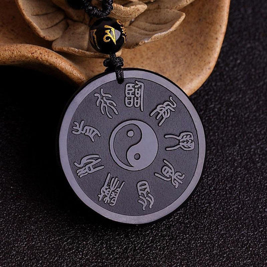 Spirituality Buddha Karma Natural Black Obsidian Taoism Five Sacred Mountains Nine-Character Mantra Carved Strength Yin Yang Necklace Pendant Key Chain
