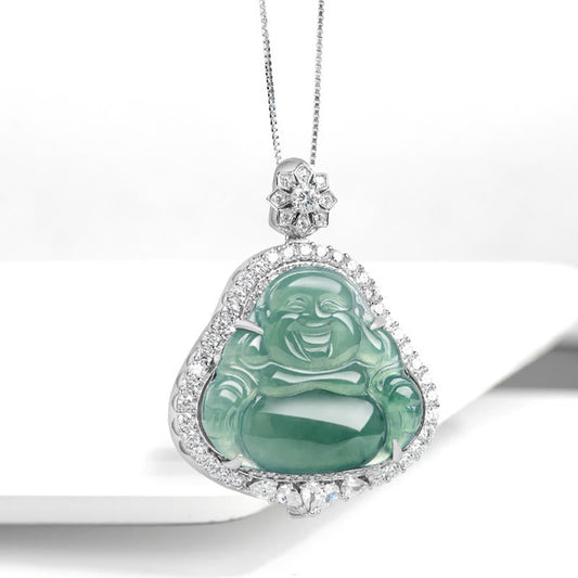 Jade 925 Sterling Silver Laughing Buddha Natural Jade Luck Abundance Chain Necklace Pendant