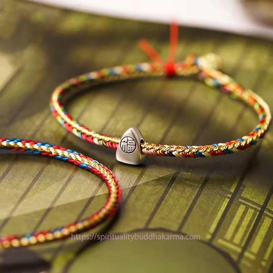 Ancient Tibetan Buddhist Red String Tradition 925 Sterling Silver Fu Character Zongzi Pattern Multicolored String Luck Handmade Braided Bracelet