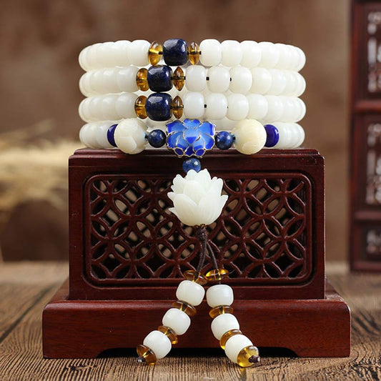 Spirituality Buddha Karma White Bodhi Lotus Mala Focus Bracelet