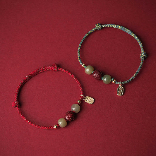 Ancient Tibetan Buddhist Red String Tradition 14K Gold Plated Hetian Jade Cinnabar Lotus Luck Handcrafted Rope Bracelet