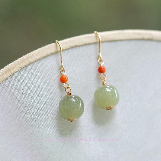 Jade 925 Sterling Silver 14K Gold Plated Hetian Jade Red Agate Luck Drop Dangle Earrings