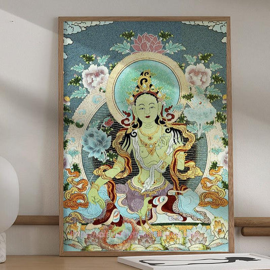 Spirituality Tibetan Silk Embroidery White Tara Thangka Tapestry Wall Hanging Wall Art Meditation for Home Decor