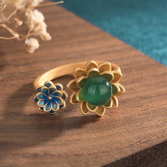 Jade Lotus Pattern Jade Abundance Adjustable Ring