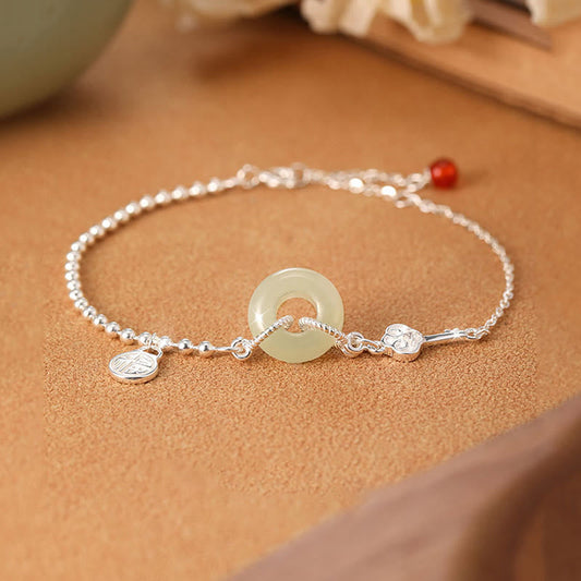 Jade 925 Sterling Silver Hetian Jade Peace Buckle Fu Character Luck Chain Bracelet