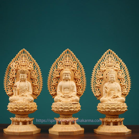 Spirituality Handmade Sakyamuni Kwan Yin Avalokitesvara Ksitigarbha Bodhisattva Statue Boxwood Grounding Home Decoration
