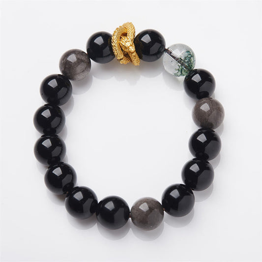 Spirituality Buddha Karma Natural Silver Sheen Obsidian Dragon Green Phantom Protection Bracelet