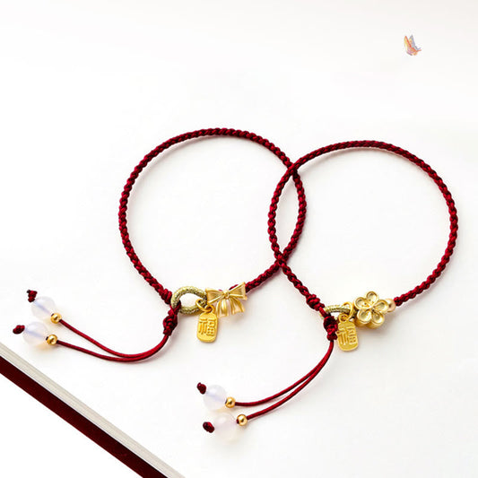 Ancient Tibetan Buddhist Red String Tradition Handmade Peach Blossom Rosette Bow Knot Fu Character Charm Luck Fortune Red Rope Bracelet