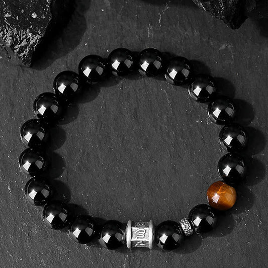 Spirituality Buddha Karma 999 Sterling Silver Black Obsidian Tiger Eye Om Mani Padme Hum Fulfillment Bracelet