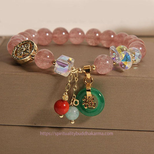 Jade Strawberry Quartz Jade Fu Character Charm Healing Bracelet