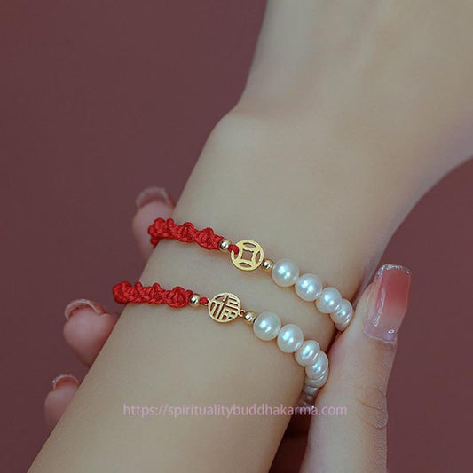 Ancient Tibetan Buddhist Red String Tradition 14K Gold Plated Pearl Bead Luck Protection Braid Red String Bracelet