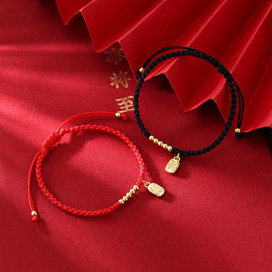 Ancient Tibetan Buddhist Red String Tradition Handmade Fu Character Charm Luck Fortune Rope Bracelet