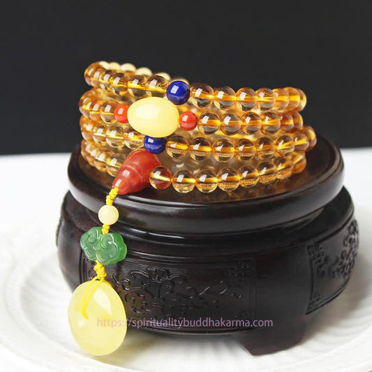 108 Mala Beads Natural Wealth Solar Plexus Chakra (Third Chakra) Amber Peace Buckle Red Agate PiXiu Protection Charm Bracelet