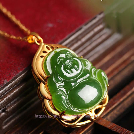 Buddha Energy Necklace 925 Sterling Silver Natural Hetian Cyan Jade Laughing Buddha 18K Gold Healing Necklace Chain Pendant