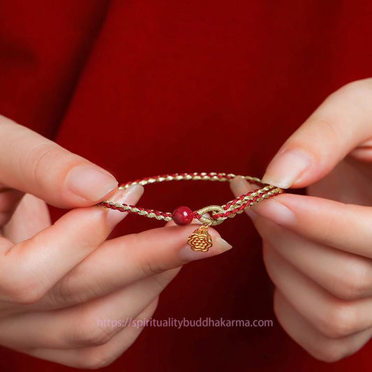 Ancient Tibetan Buddhist Red String Tradition Handmade 925 Sterling Silver Lotus Cinnabar Gold Bead Blessing Braid Bracelet