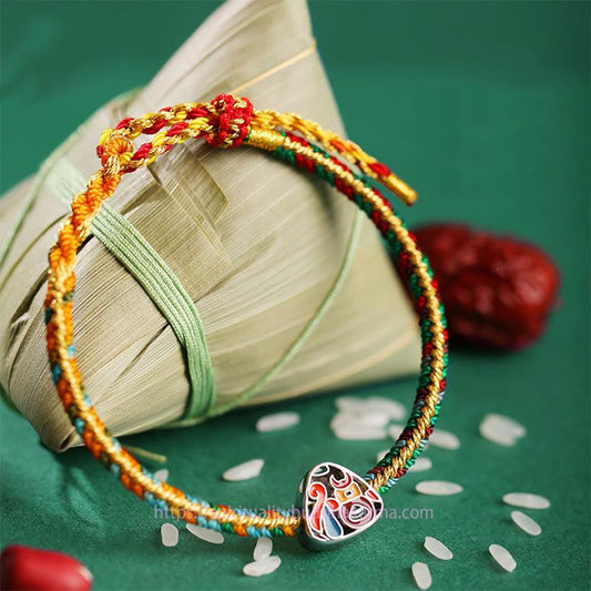 Ancient Tibetan Buddhist Red String Tradition 925 Sterling Silver Dragon Boat Festival Fu Character Zongzi Pattern Luck Handmade Multicolored Child Adult Bracelet
