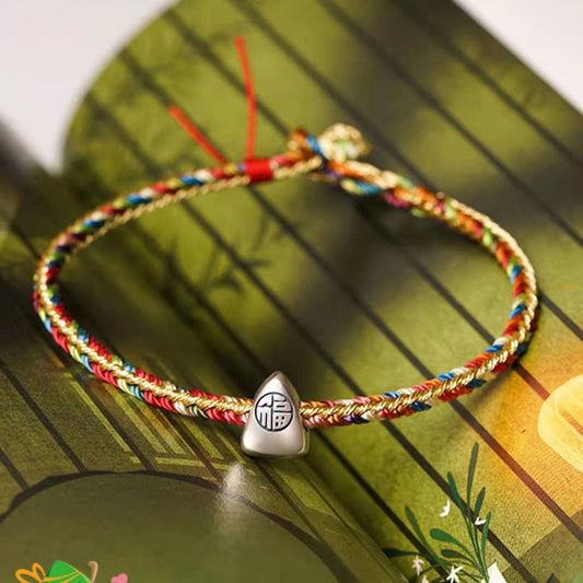 Ancient Tibetan Buddhist Red String Tradition 925 Sterling Silver Fu Character Zongzi Pattern Multicolored String Luck Handmade Braided Bracelet