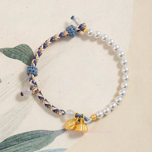 Ancient Tibetan Buddhist Red String Tradition 925 Sterling Silver Lotus Pearl Colorful Rope Chalcedony Prosperity Bracelet