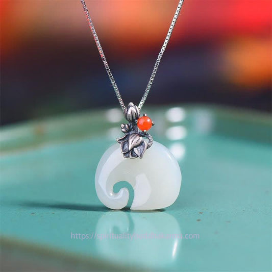 Jade White Jade Elephant Lotus Protection Necklace Pendant