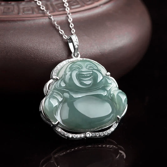 Jade 925 Sterling Silver Laughing Buddha Natural Jade Luck Necklace Chain Pendant