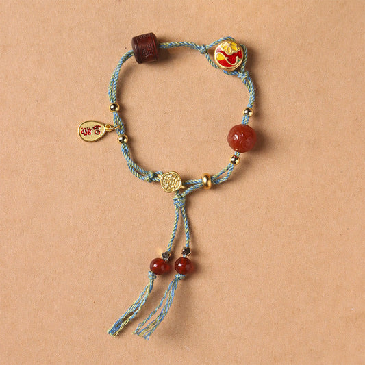 Ancient Tibetan Buddhist Red String Tradition Handmade Auspicious Clouds Hetian Jade Fu Character Luck Fortune Rope Bracelet